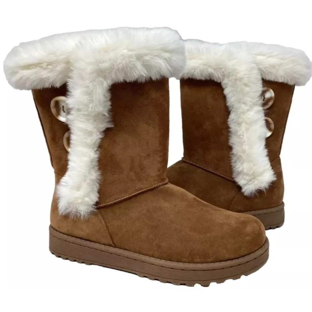 SO Women's Abigail Comfort Pull On Chestnut Faux-Fur Winter Boots -various
